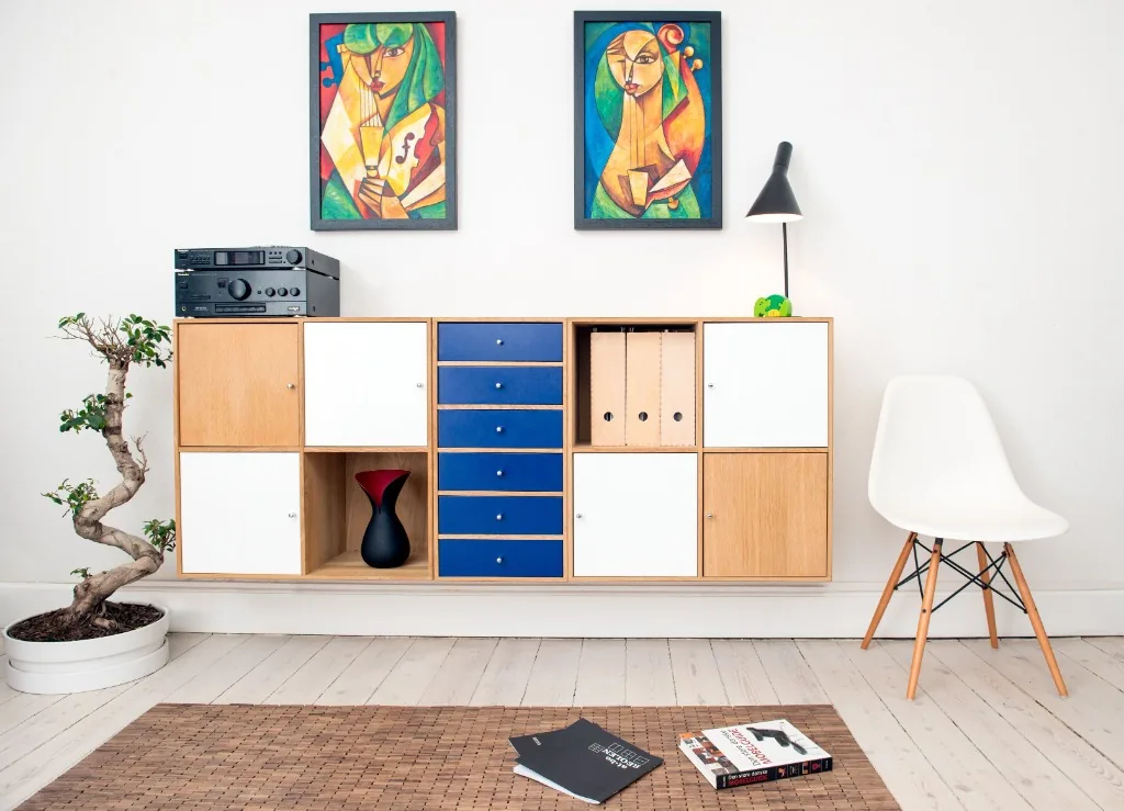 Modern modular timber storage cabinet with drawers and cubbies