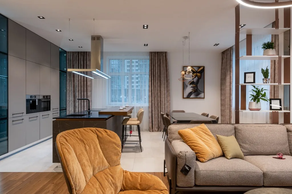 Modern architectural interior with statement wall art portrait